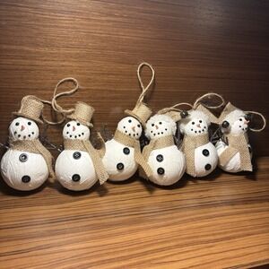 SNOWMAN CHRISTMAS ORNAMENTS BURLAP HOLIDAY DECOR SET OF SIX 6
